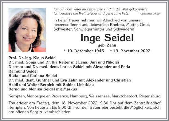 Traueranzeige von Inge Seidel von Allgäuer Zeitung, Kaufbeuren/Buchloe