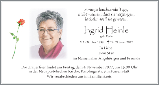 Traueranzeige von Ingrid Heinle von Allgäuer Zeitung, Füssen