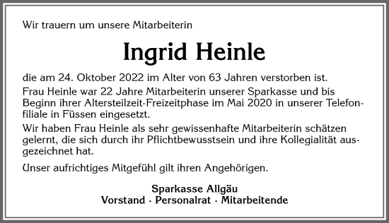 Traueranzeige von Ingrid Heinle von Allgäuer Zeitung, Füssen