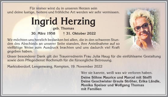 Traueranzeige von Ingrid Herzing von Allgäuer Zeitung, Marktoberdorf