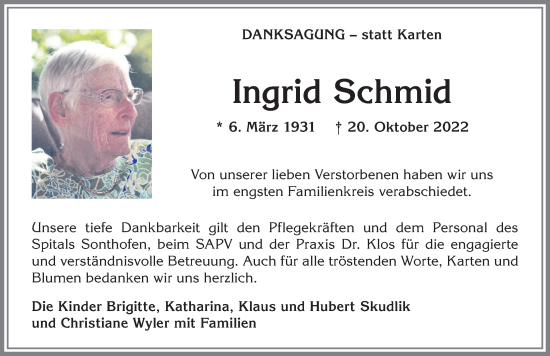 Traueranzeige von Ingrid Schmid von Allgäuer Anzeigeblatt