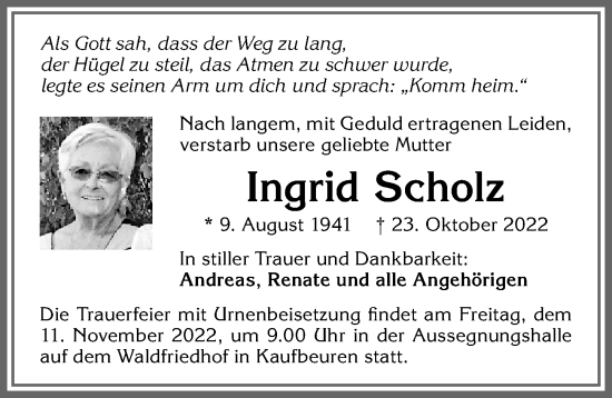 Traueranzeige von Ingrid Scholz von Allgäuer Zeitung, Kaufbeuren/Buchloe