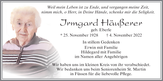 Traueranzeige von Irmgard Häußerer von Allgäuer Zeitung, Füssen