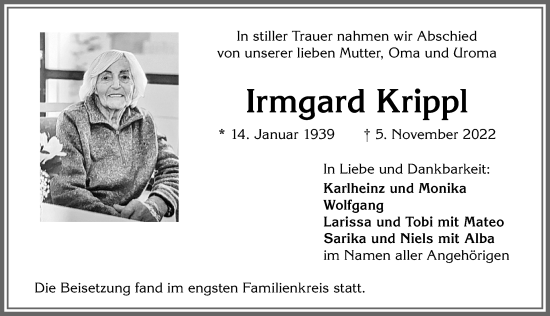 Traueranzeige von Irmgard Krippl von Allgäuer Anzeigeblatt