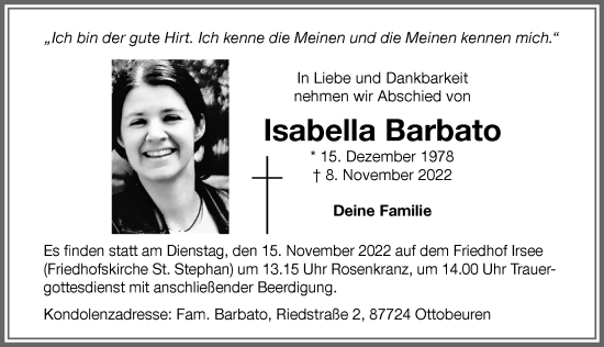 Traueranzeige von Isabella Barbato von Memminger Zeitung