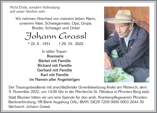 Traueranzeige von Johann Grassl von Allgäuer Zeitung, Füssen