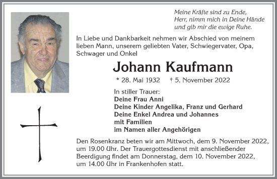 Traueranzeige von Johann Kaufmann von Allgäuer Zeitung, Kaufbeuren/Buchloe