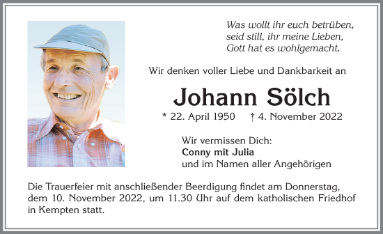 Traueranzeige von Johann Sölch von Allgäuer Zeitung,Kempten