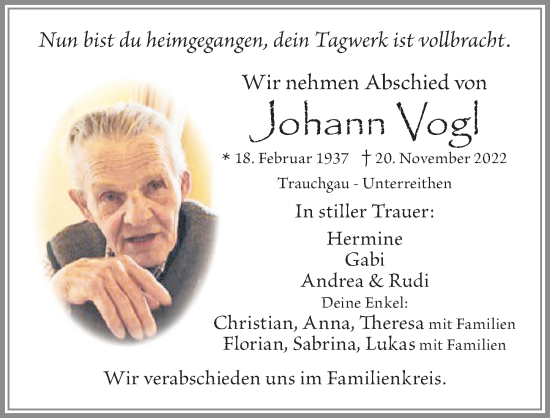 Traueranzeige von Johann Vogl von Allgäuer Zeitung, Füssen