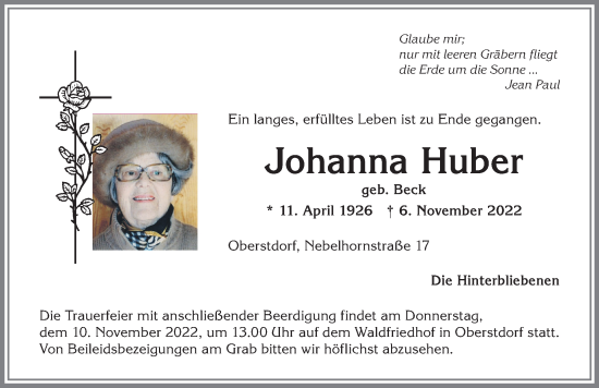 Traueranzeige von Johanna Huber von Allgäuer Anzeigeblatt