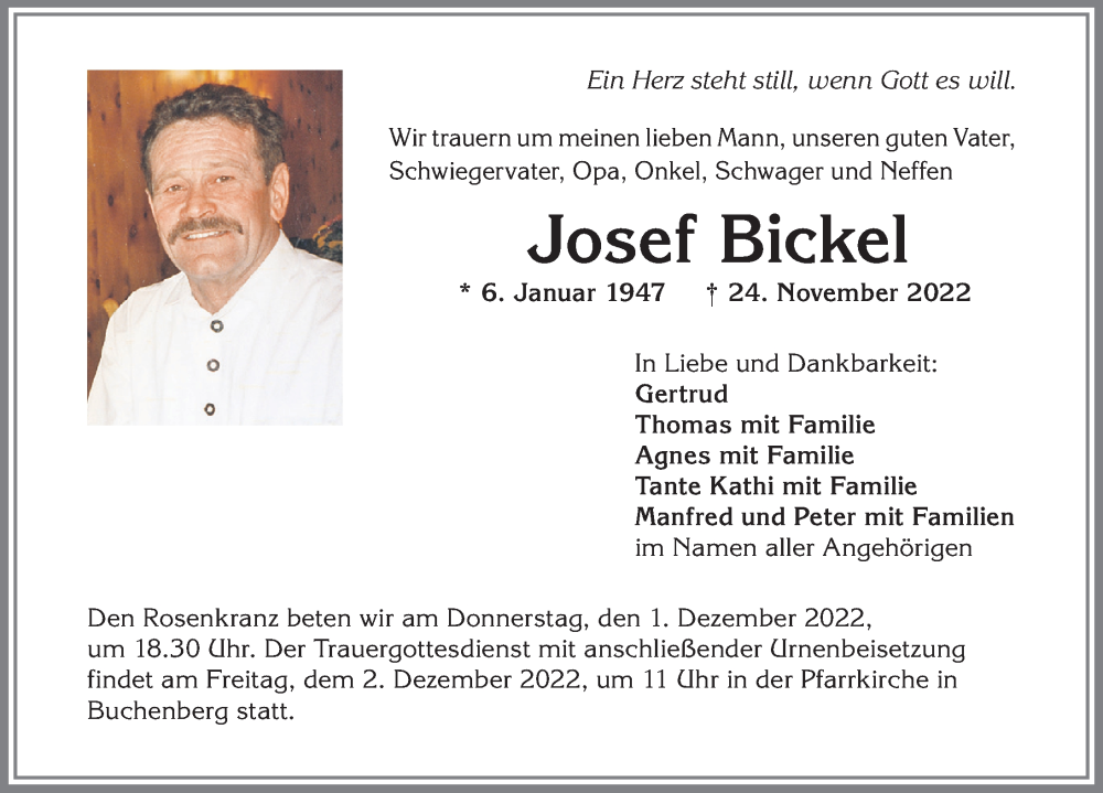  Traueranzeige für Josef Bickel vom 29.11.2022 aus Allgäuer Zeitung,Kempten