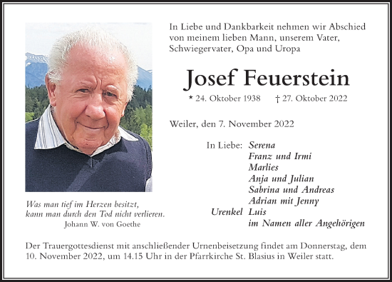Traueranzeige von Josef Feuerstein von Der Westallgäuer