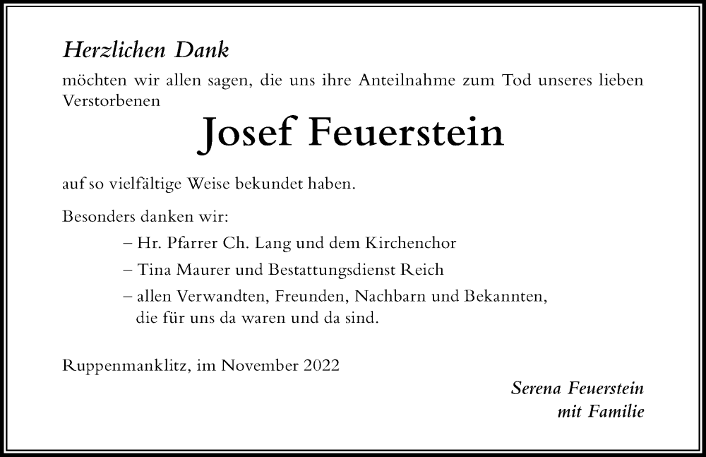  Traueranzeige für Josef Feuerstein vom 22.11.2022 aus Der Westallgäuer
