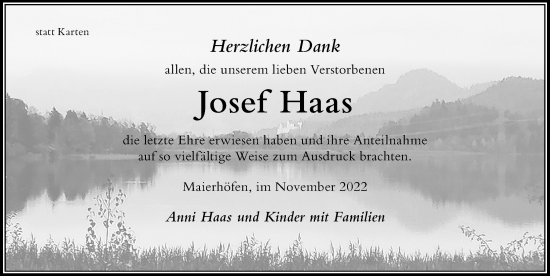 Traueranzeige von Josef Haas von Der Westallgäuer