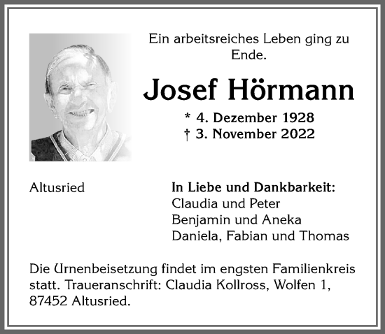 Traueranzeige von Josef Hörmann von Allgäuer Zeitung,Kempten
