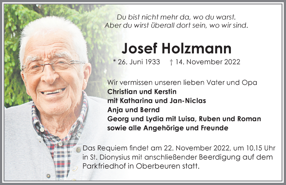  Traueranzeige für Josef Holzmann vom 19.11.2022 aus Allgäuer Zeitung, Kaufbeuren/Buchloe