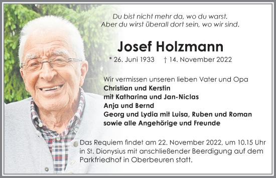 Traueranzeige von Josef Holzmann von Allgäuer Zeitung, Kaufbeuren/Buchloe