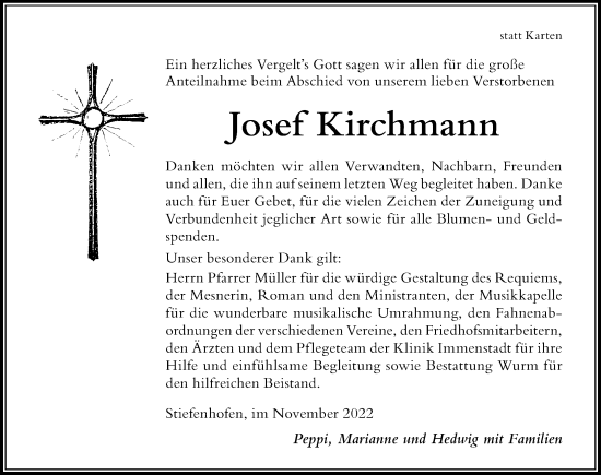 Traueranzeige von Josef Kirchmann von Der Westallgäuer