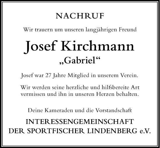 Traueranzeige von Josef Kirchmann von Der Westallgäuer