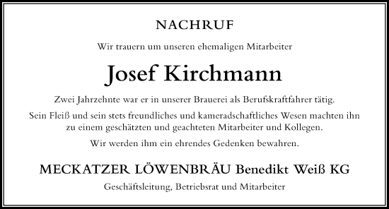 Traueranzeige von Josef Kirchmann von Der Westallgäuer