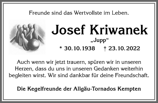 Traueranzeige von Josef Kriwanek von Allgäuer Zeitung,Kempten