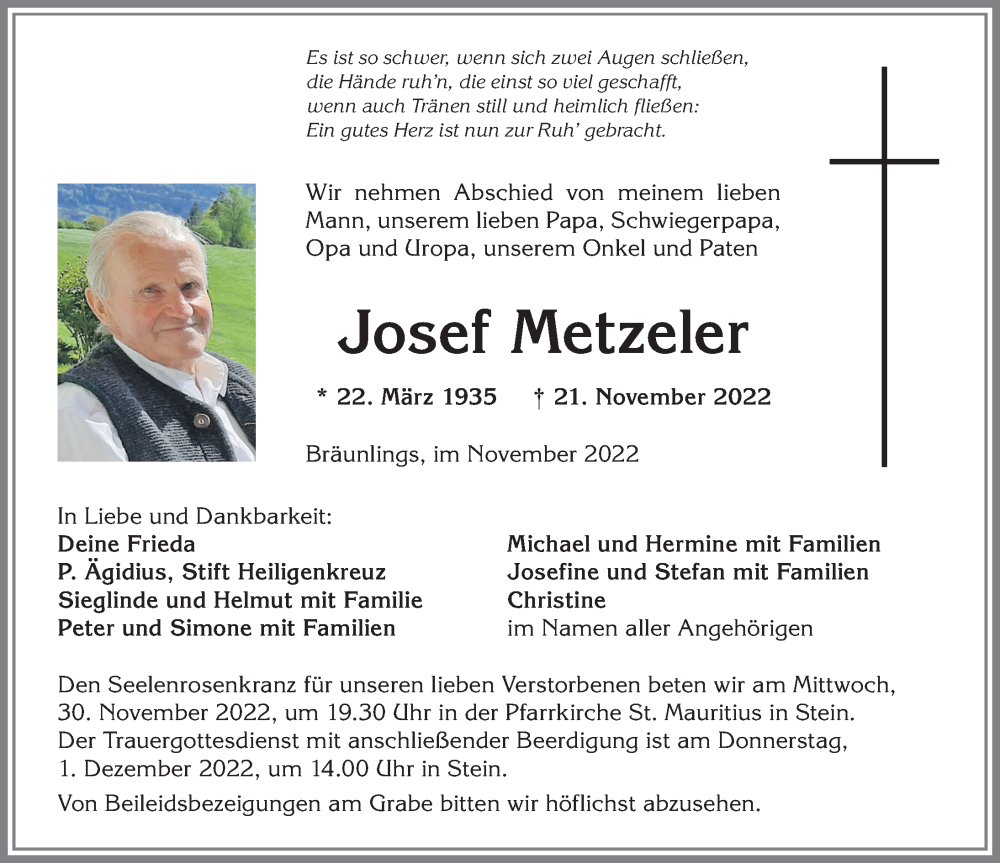  Traueranzeige für Josef Metzeler vom 26.11.2022 aus Allgäuer Anzeigeblatt