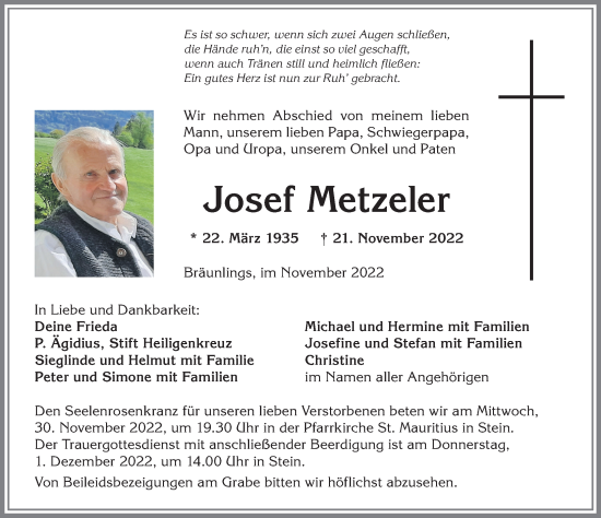 Traueranzeige von Josef Metzeler von Allgäuer Anzeigeblatt