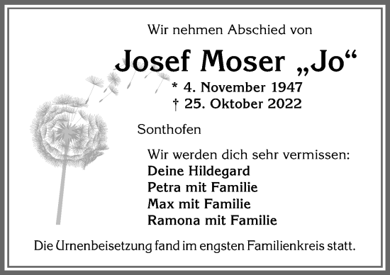 Traueranzeige von Josef Moser von Allgäuer Anzeigeblatt