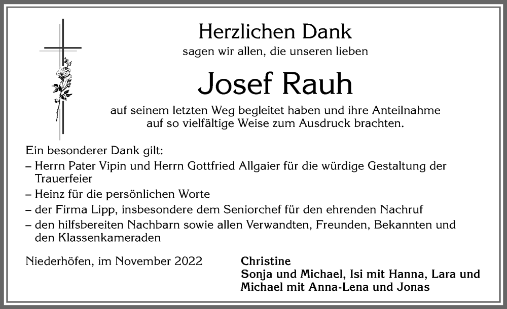  Traueranzeige für Josef Rauh vom 26.11.2022 aus Allgäuer Zeitung, Füssen