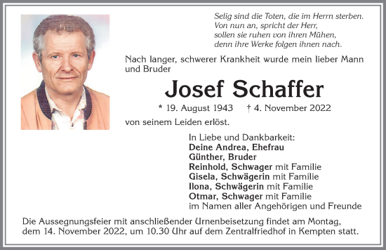 Traueranzeige von Josef Schaffer von Allgäuer Zeitung,Kempten