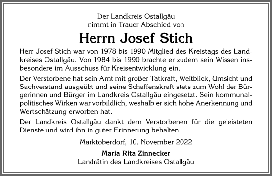 Traueranzeige von Josef Stich von Allgäuer Zeitung, Kaufbeuren/Buchloe