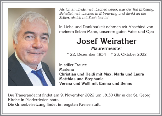 Traueranzeige von Josef Weirather von Memminger Zeitung