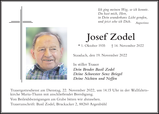 Traueranzeige von Josef Zodel von Der Westallgäuer