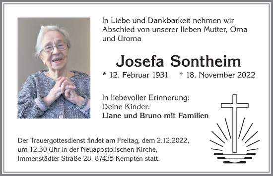 Traueranzeige von Josefa Sontheim von Allgäuer Zeitung,Kempten