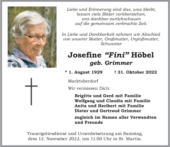 Traueranzeige von Josefine Höbel von Allgäuer Zeitung, Marktoberdorf