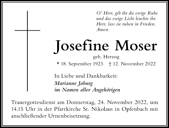 Traueranzeige von Josefine Moser von Der Westallgäuer