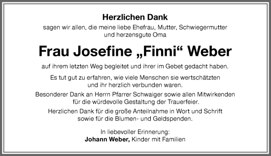 Traueranzeige von Josefine Weber von Memminger Zeitung