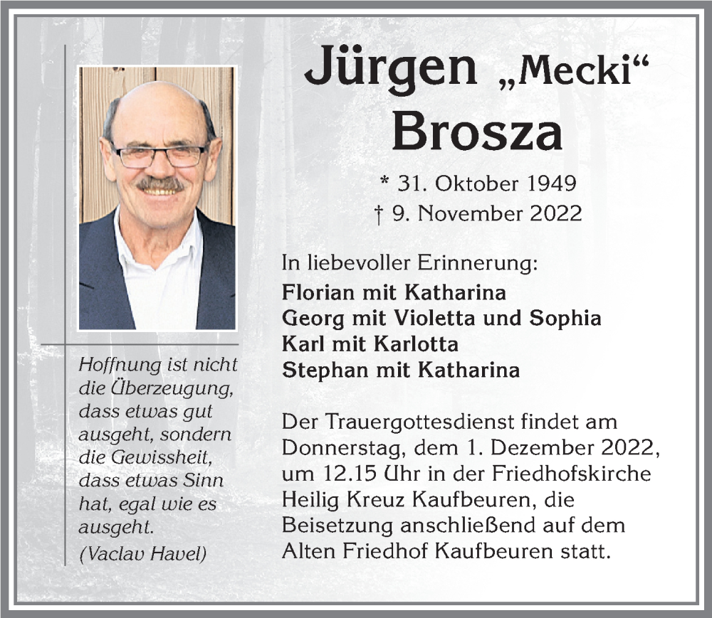  Traueranzeige für Jürgen Brosza vom 28.11.2022 aus Allgäuer Zeitung, Kaufbeuren/Buchloe