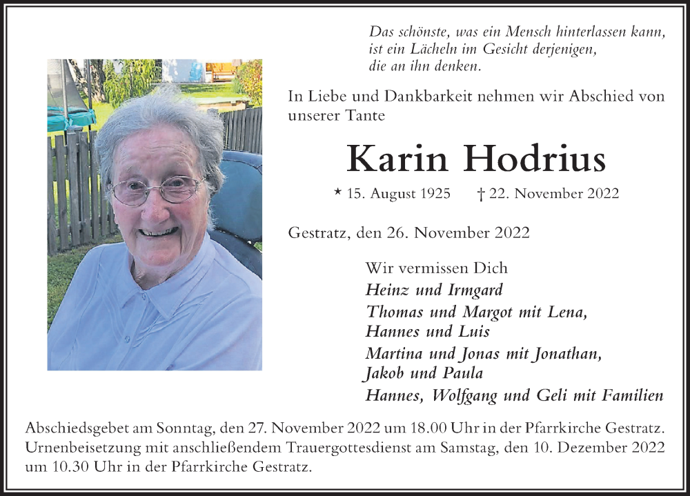  Traueranzeige für Karin Hodrius vom 26.11.2022 aus Der Westallgäuer