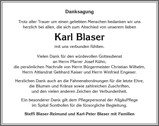 Traueranzeige von Karl Blaser von Allgäuer Anzeigeblatt