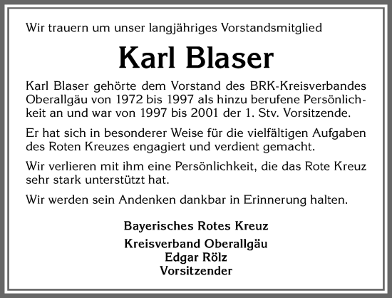 Traueranzeige von Karl Blaser von Allgäuer Anzeigeblatt