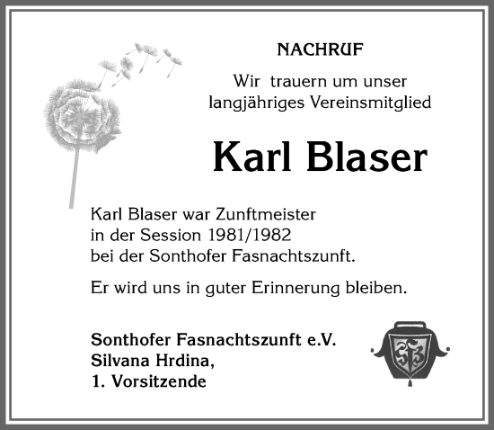 Traueranzeige von Karl Blaser von Allgäuer Anzeigeblatt