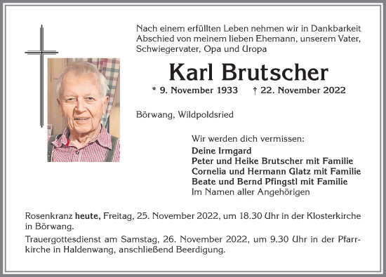 Traueranzeige von Karl Brutscher von Allgäuer Zeitung,Kempten