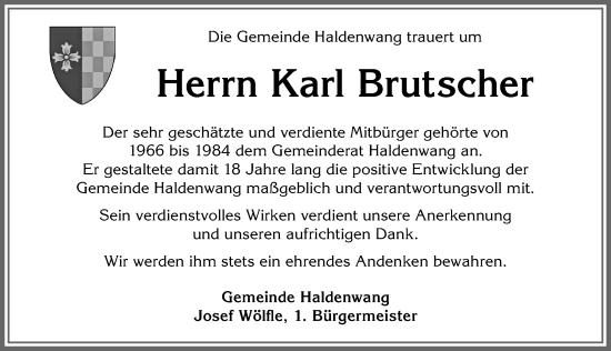 Traueranzeige von Karl Brutscher von Allgäuer Zeitung,Kempten
