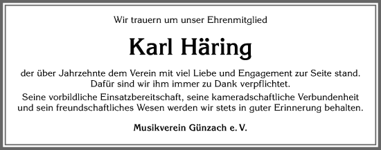 Traueranzeige von Karl Häring von Allgäuer Zeitung, Marktoberdorf