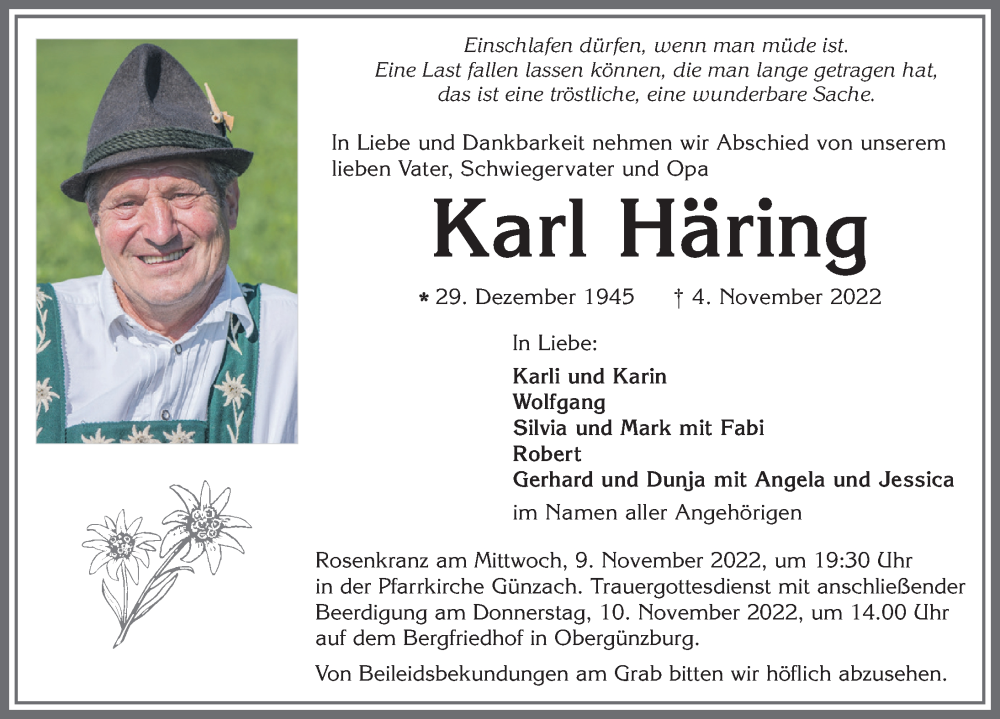  Traueranzeige für Karl Häring vom 08.11.2022 aus Allgäuer Zeitung, Marktoberdorf