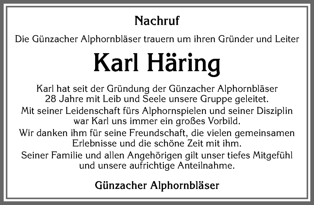 Traueranzeige für Karl Häring vom 09.11.2022 aus Allgäuer Zeitung, Marktoberdorf