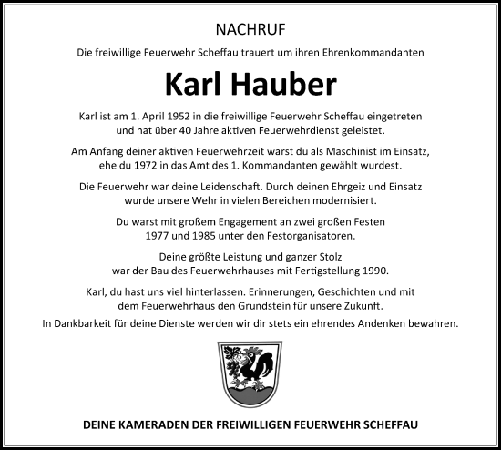 Traueranzeige von Karl Hauber von Der Westallgäuer