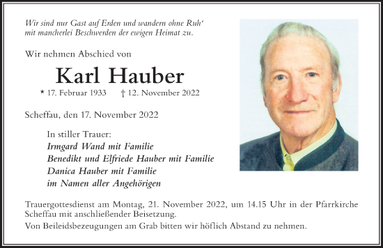 Traueranzeige von Karl Hauber von Der Westallgäuer