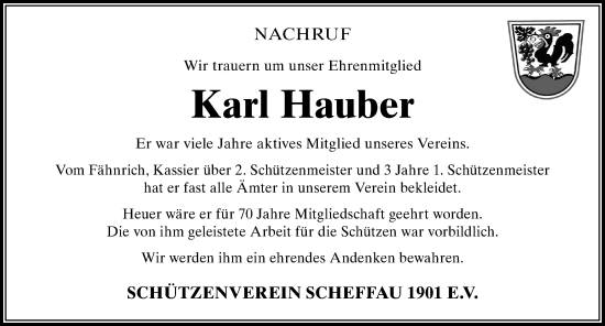 Traueranzeige von Karl Hauber von Der Westallgäuer